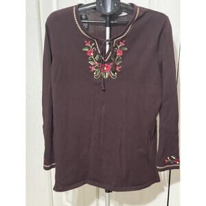 Victoria Jones Chocolate Brown Long Sleeve Embroidered shirt size Large